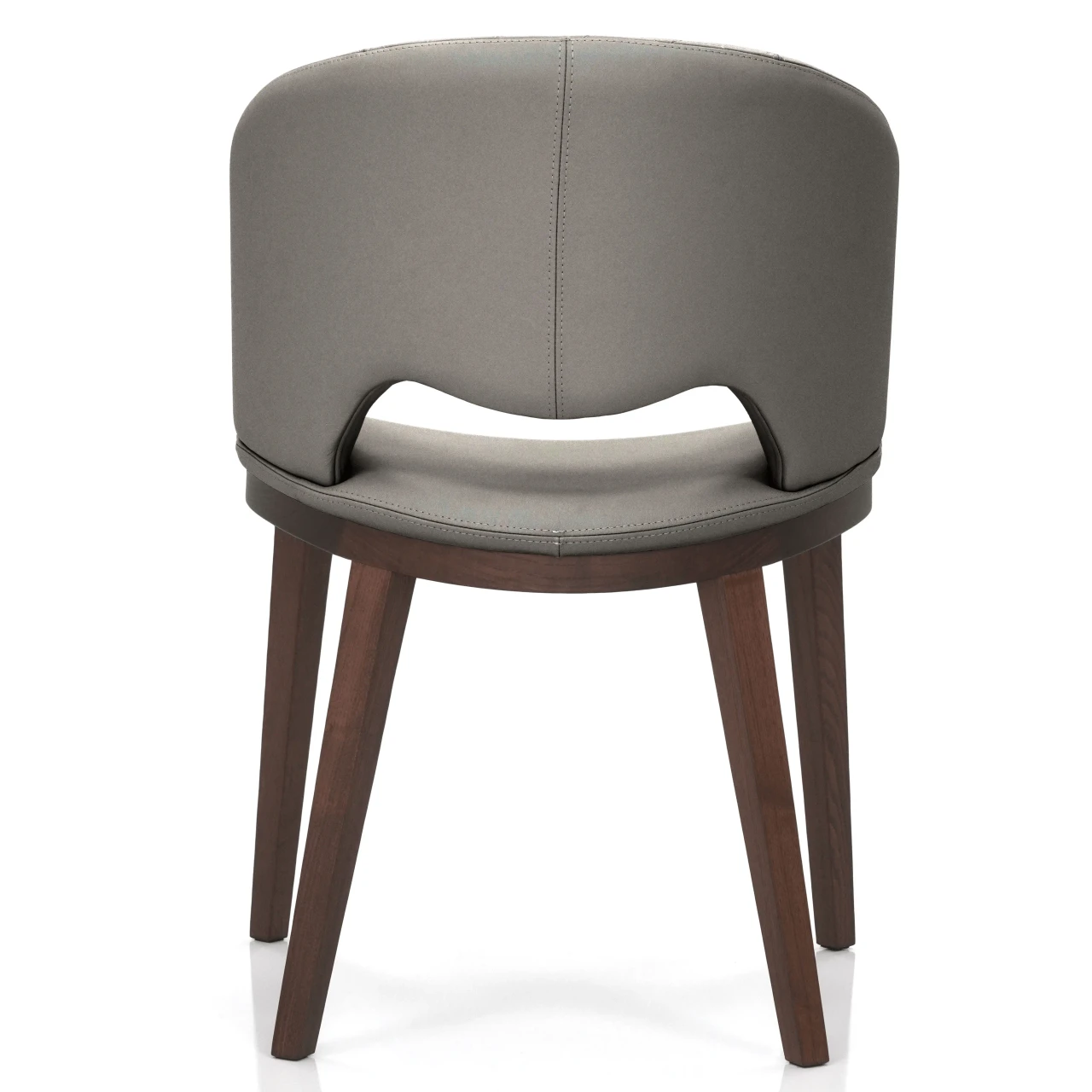 ASH GREY - Fashion Q Side Chair, modern style, Ash Grey Leather seat and back, Noce Canaletto Wood frame, rear view.