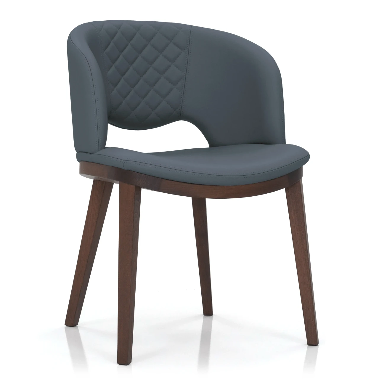 BLUE - Fashion Q Side Chair, modern style, River Blue leather seat and back with diamond stitching, Noce Canaletto wood frame, 3/4