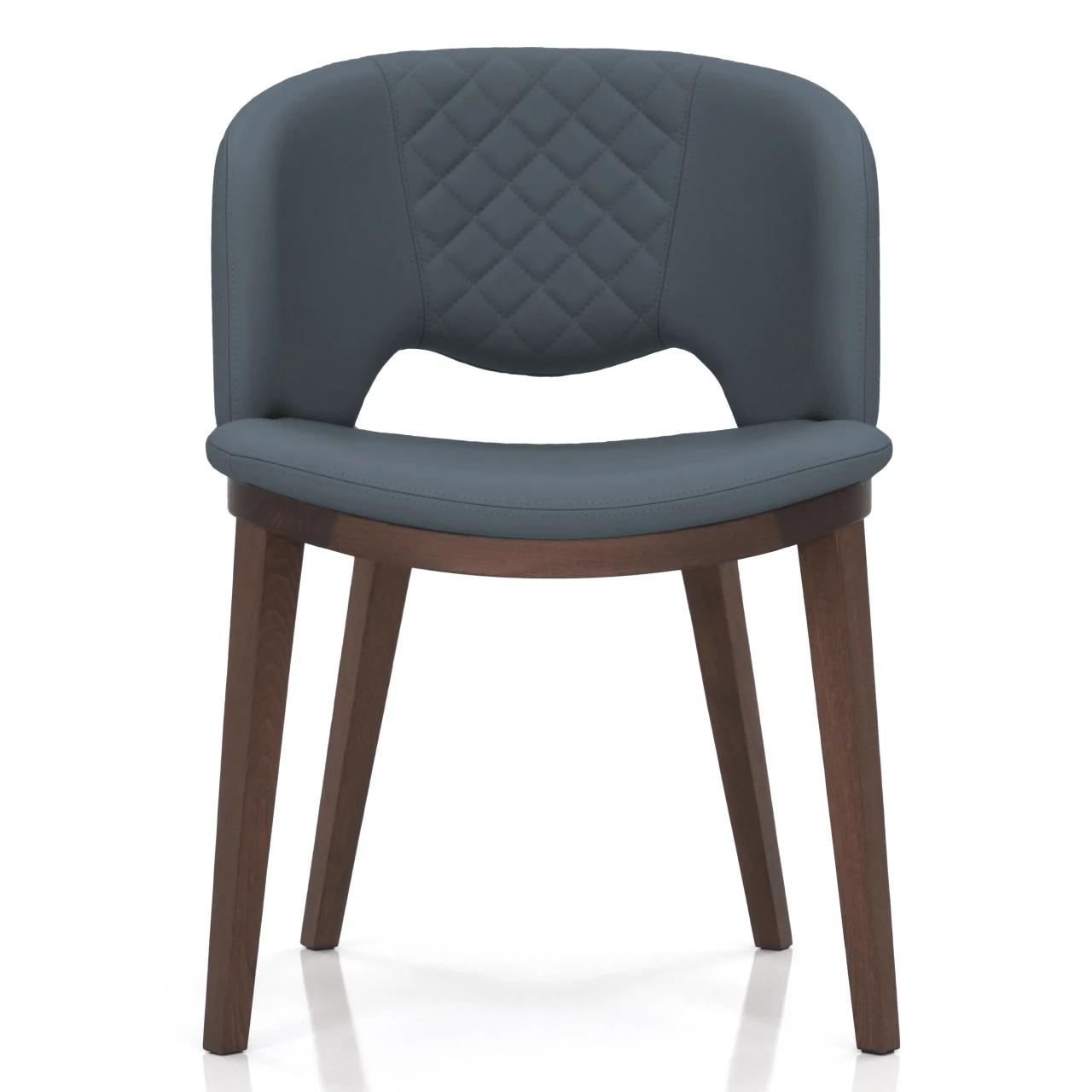 BLUE - Fashion Q Side Chair, modern style, River Blue leather seat and back with diamond quilting, Noce Canaletto wood frame, front