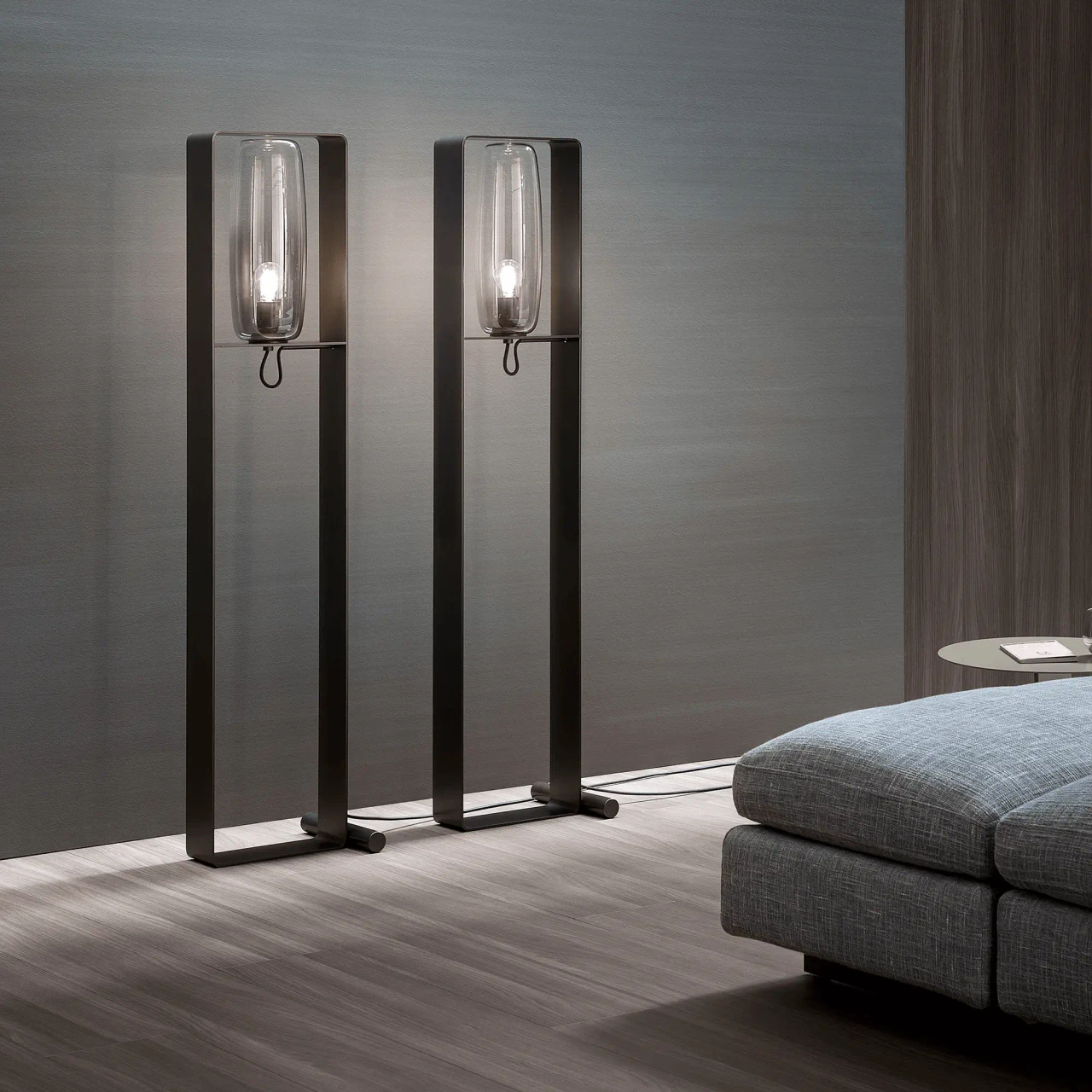 Two Bonaldo Bio-s floor lamps, bronze lacquered metal frame, clear glass shade, modern style, living room, front view.