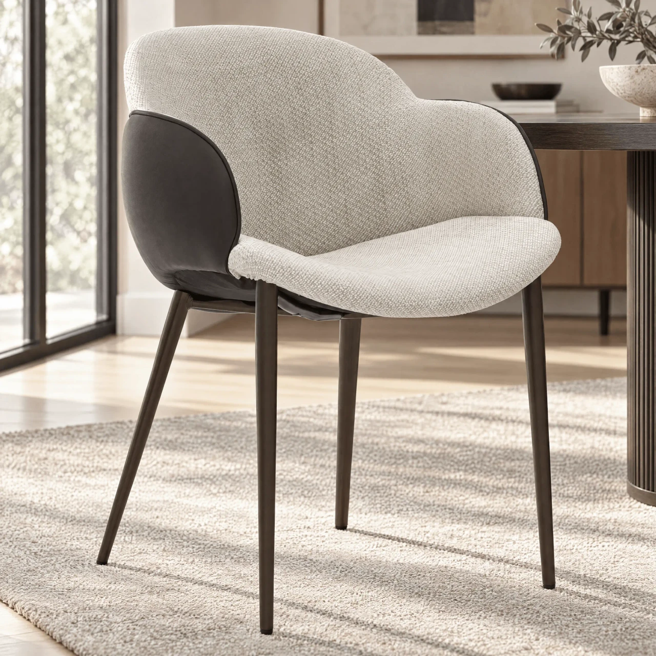 Bonaldo Miss My Way Chair, modern style, woven fabric seat and back, dark brown leather outer, bronze metal legs, side view