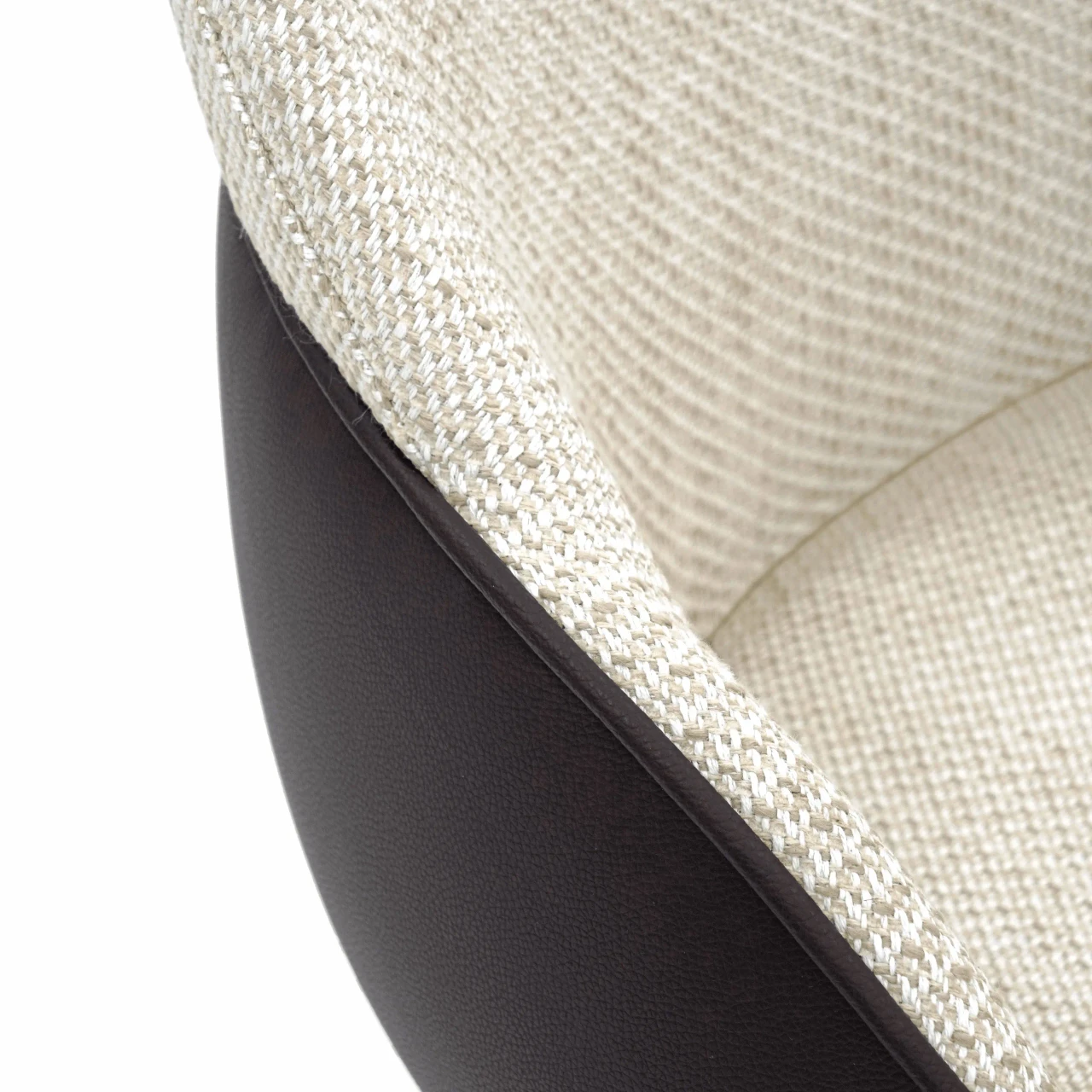 Closeup - Close-up angle of Bonaldo Miss My Way Chair with woven fabric seat and dark brown Capri leather outer.