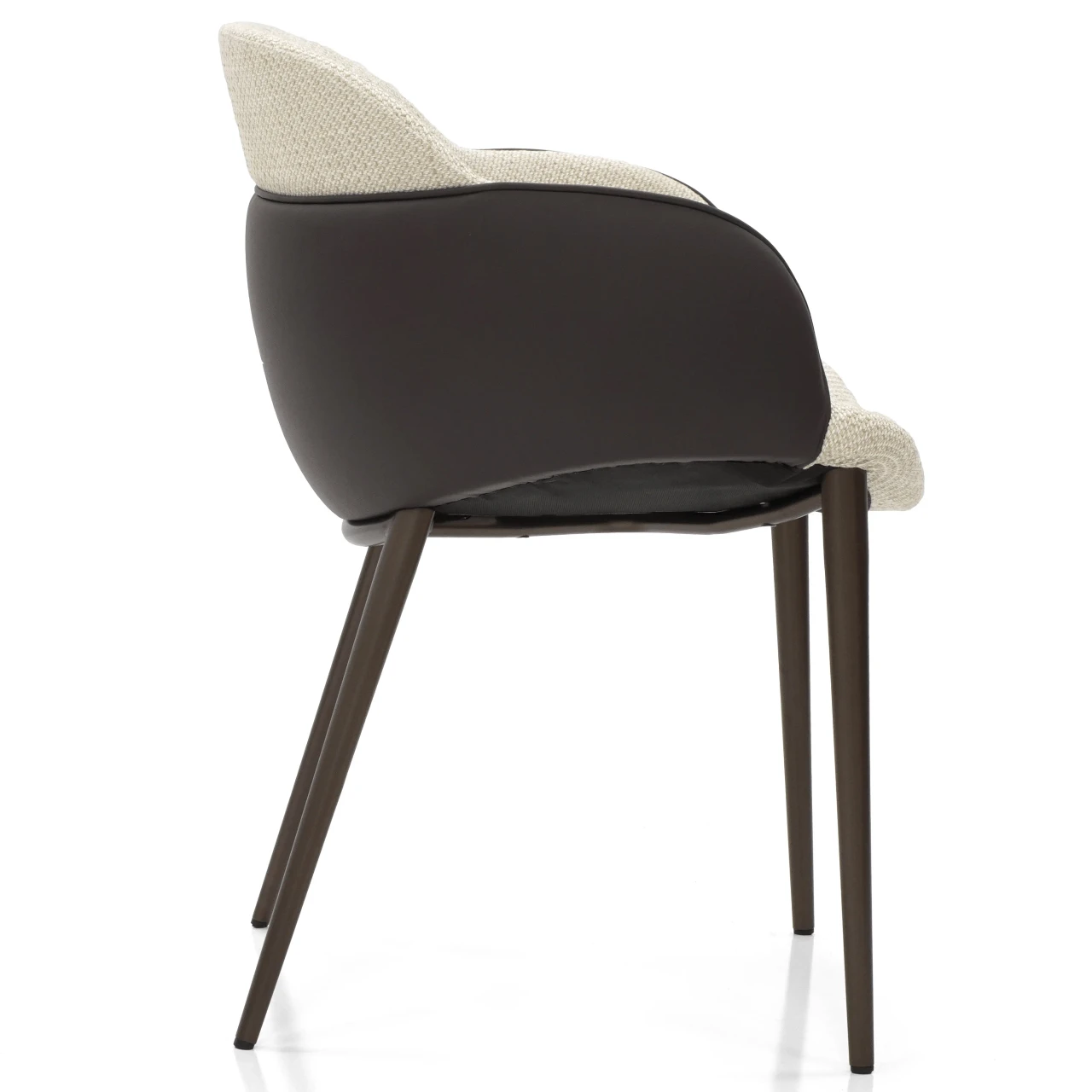 Bonaldo Miss My Way Chair, dark brown Capri leather outer, woven fabric seat and back, bronze lacquered metal legs, rear view