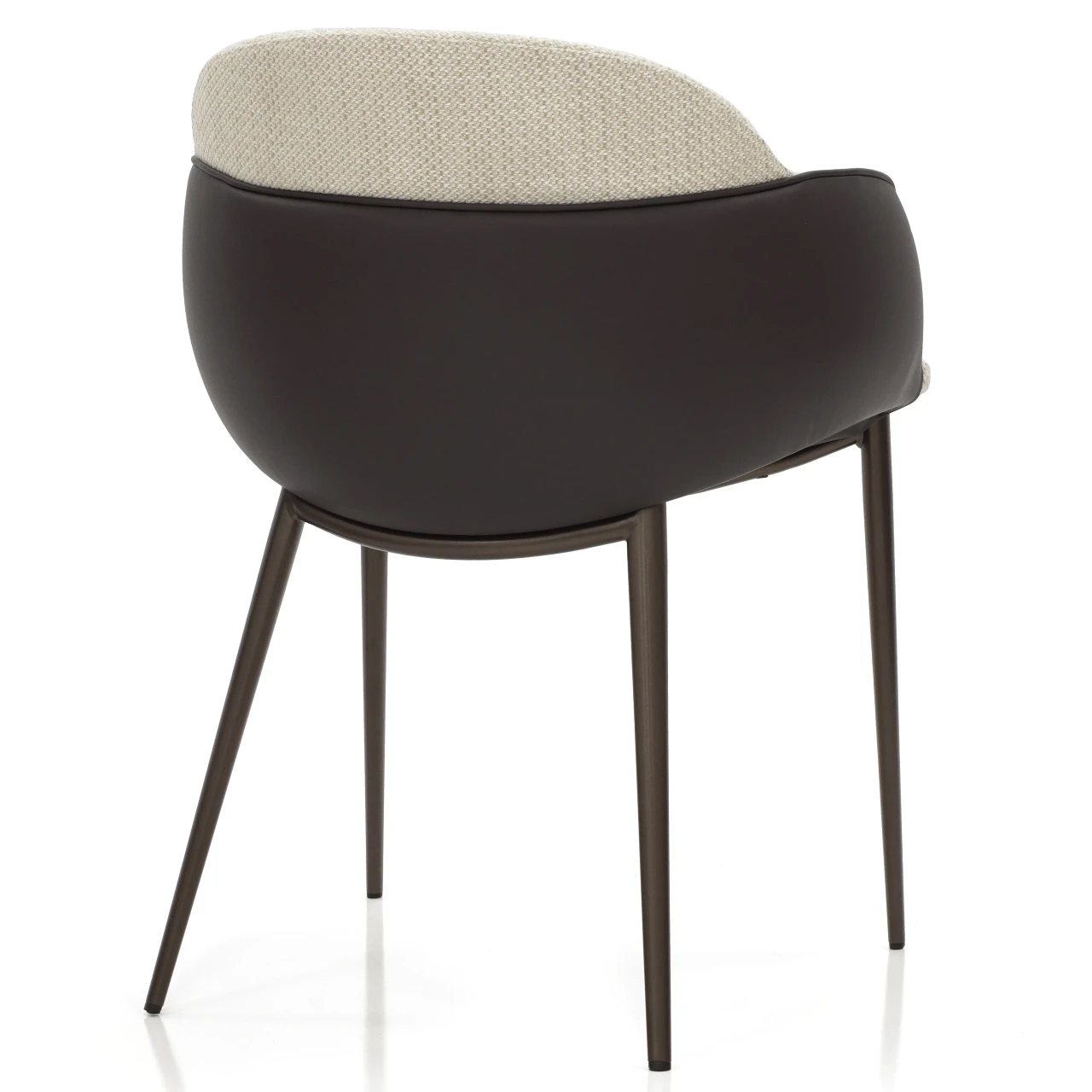 Bonaldo Miss My Way Chair, modern style, dark brown leather outer, woven fabric seat, bronze metal legs, rear view.