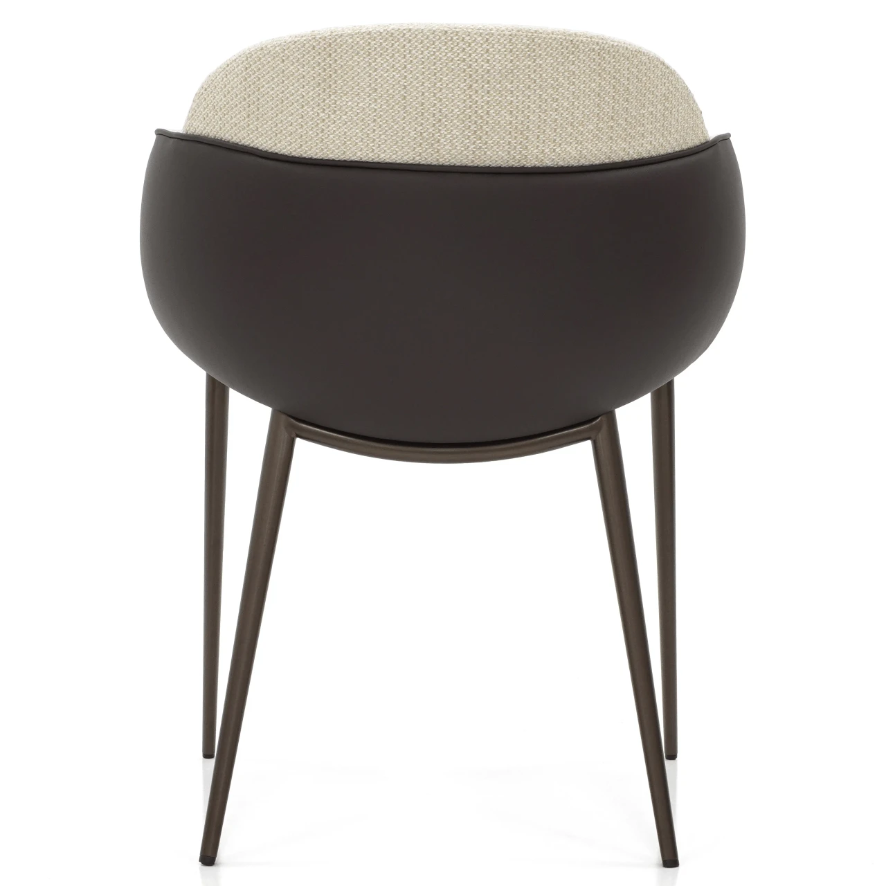 Bonaldo Miss My Way Chair, dark brown Capri leather outer, woven fabric seat, bronze lacquered metal legs, rear view