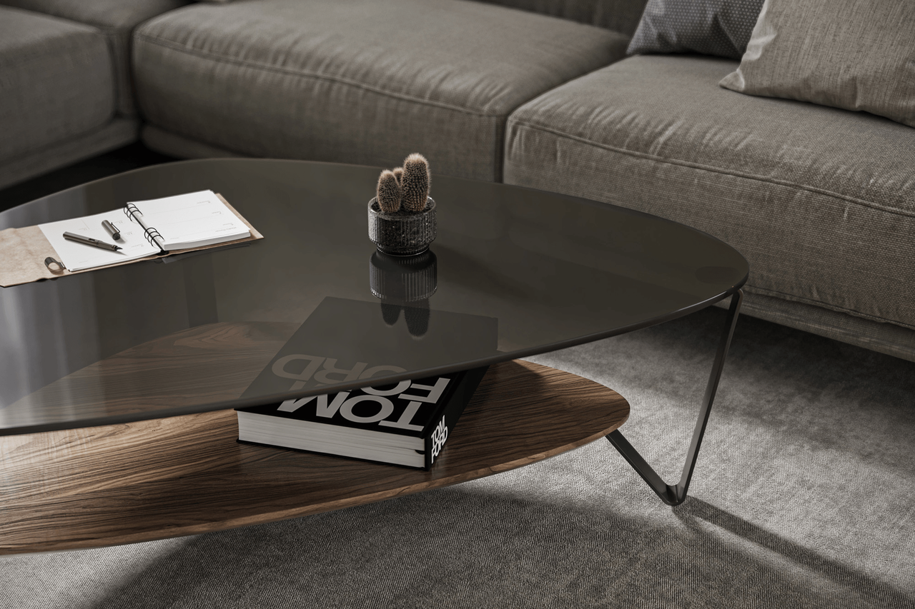 Closeup NATURAL WALNUT - Dino Small Cocktail Table Shown in a Living Room Setting