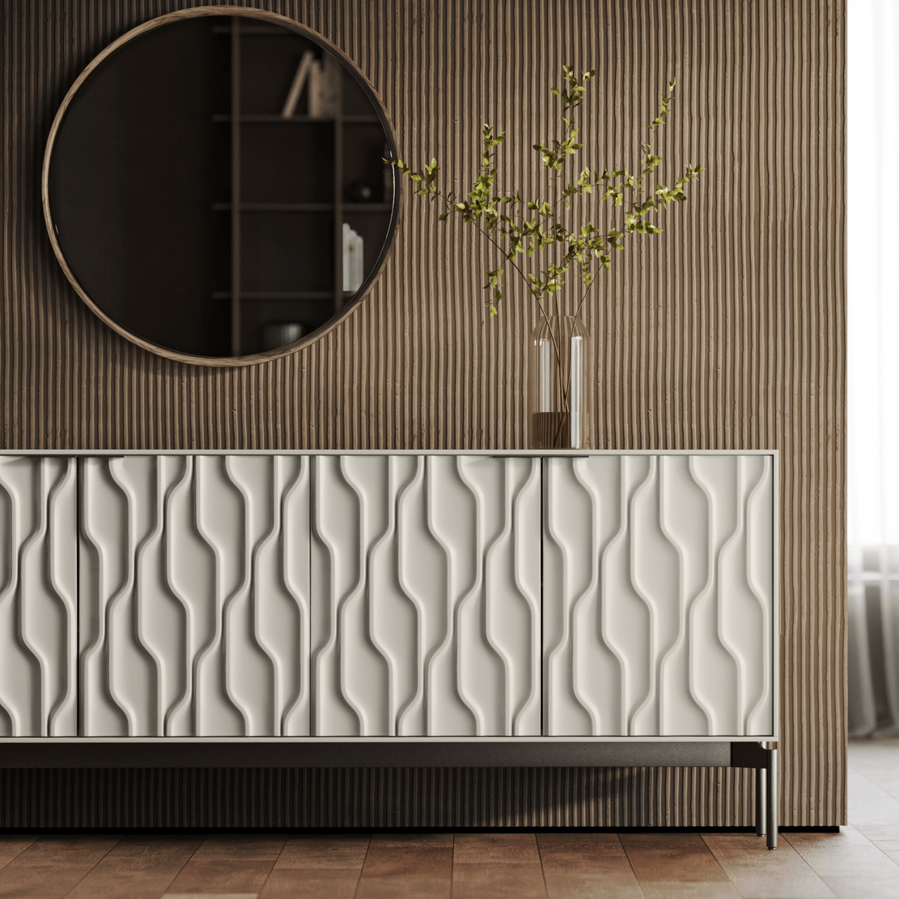 STONE/CARBON - Mesa Sideboard Shown in a Living Room Setting