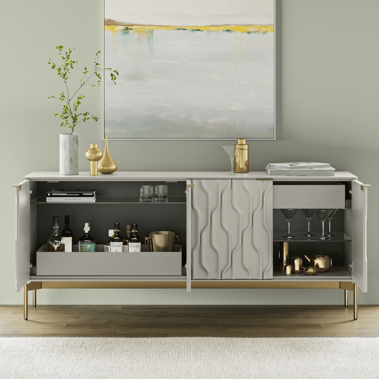 STONE/BRASS - Mesa Sideboard Shown in a Living Room Setting