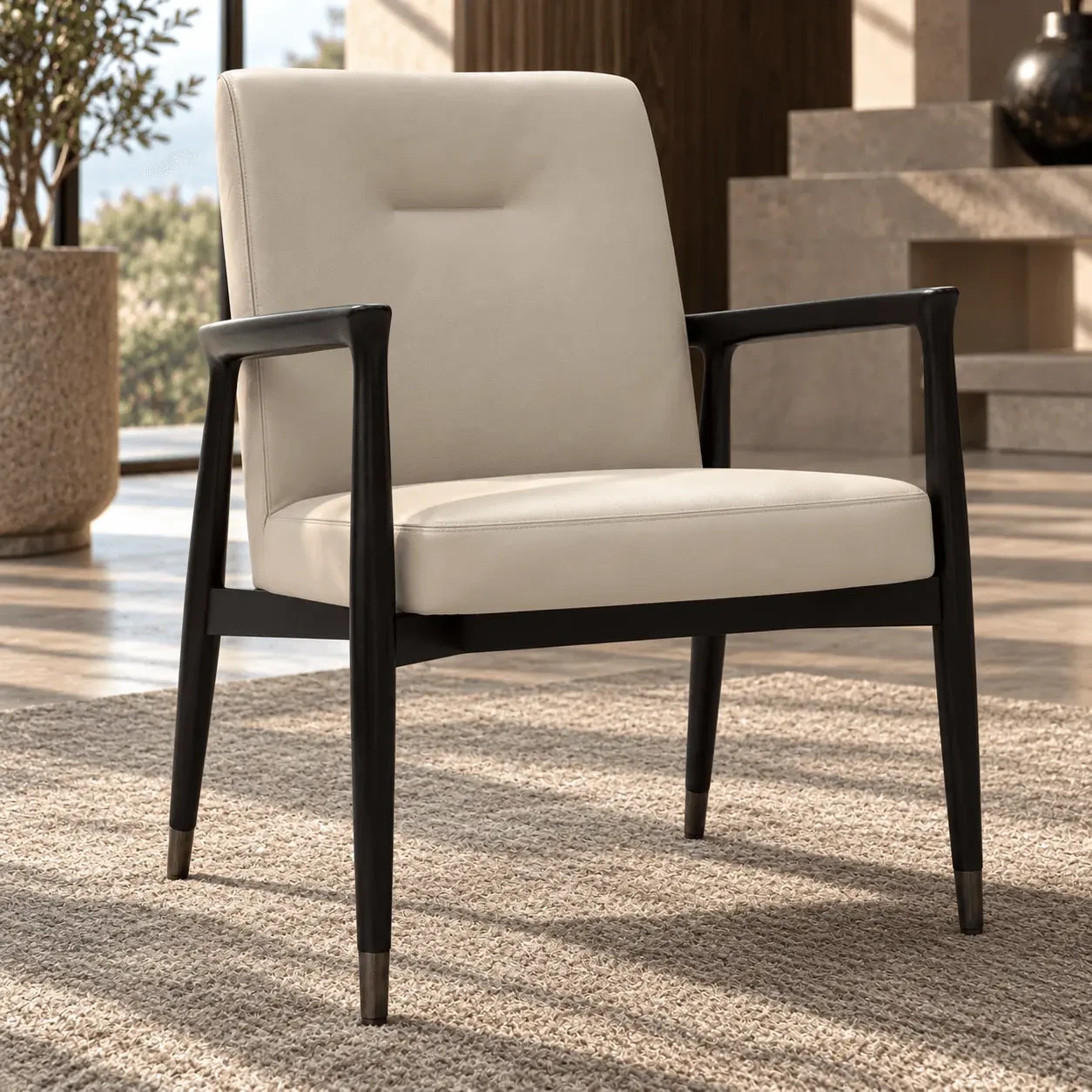 Malerba Next Level Arm Chair, mid-century modern, beige leather seat and back, matt black wood frame, 3/4 view in living
