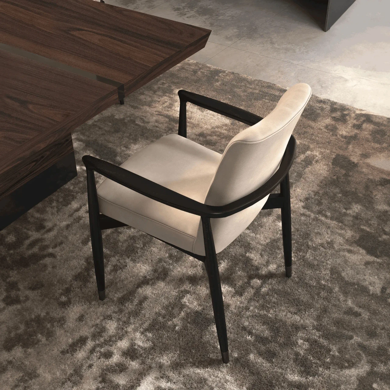 Malerba Next Level Arm Chair, mid-century modern, beige leather seat and back, matt black wood frame, dining room, side view