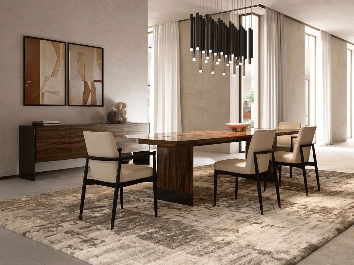 Malerba Next Level Side Chair in beige leather and matt black wood frame in a modern dining room, three-quarter view.