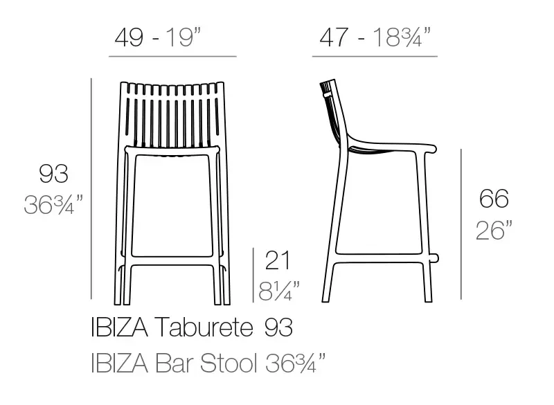 ECRU || Detailed Dimensions - Vondom Ibiza Counter Stool, white polypropylene, modern bar stool with dimensions, front and side view diagrams.