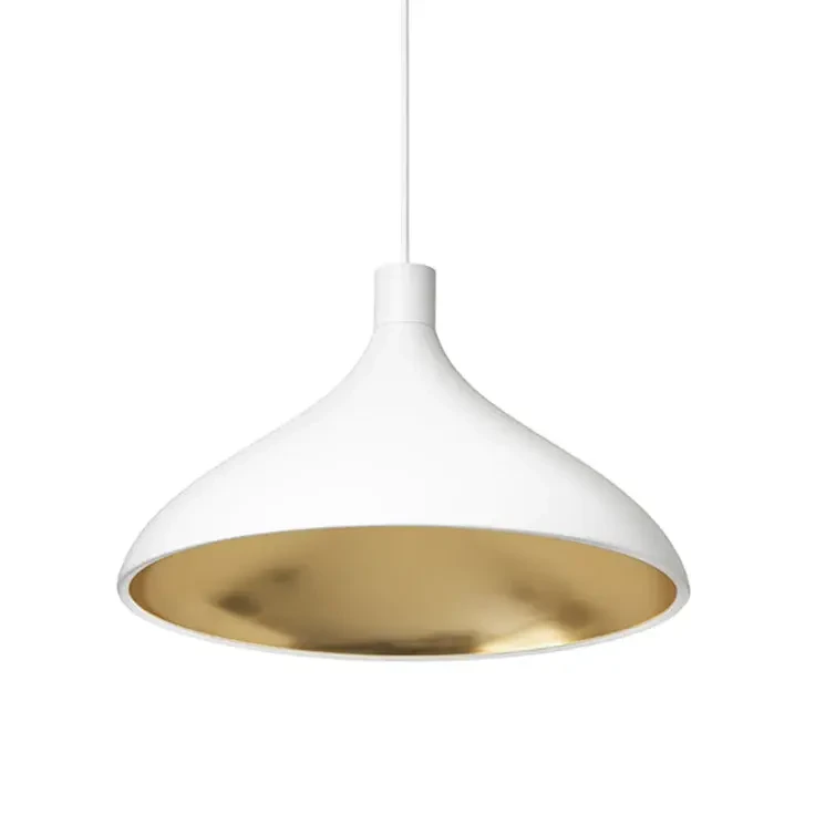 WHITE || 16 IN - Pablo Swell Pendant light, matte white exterior with brass interior, modern style, eye-level front view.