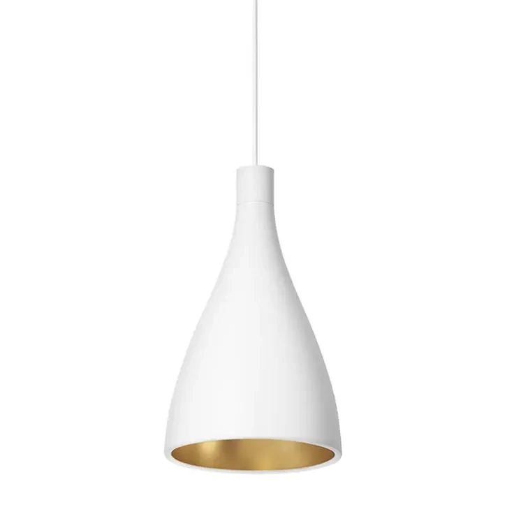 WHITE || 8 IN - Pablo Swell Pendant light, modern matte white exterior with brass interior, front view.