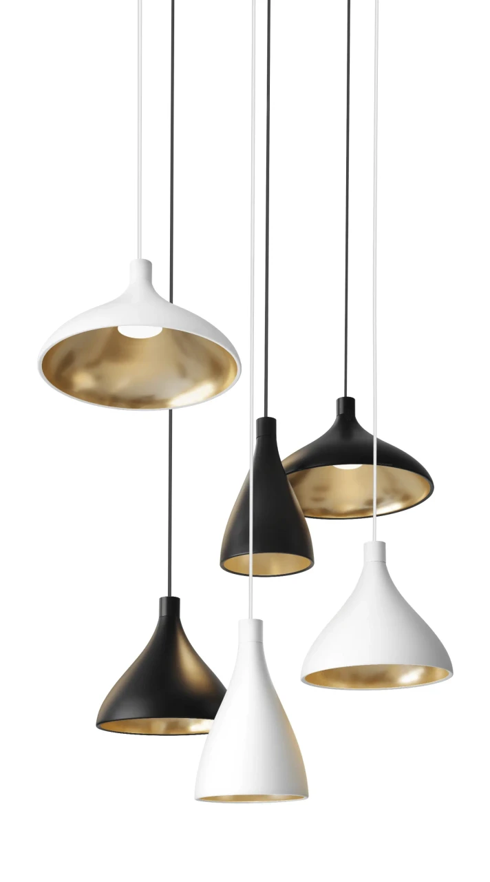 WHITE || 8 IN - Pablo Swell Pendant lights, modern style, matte white and black exteriors with brass interiors, front view.