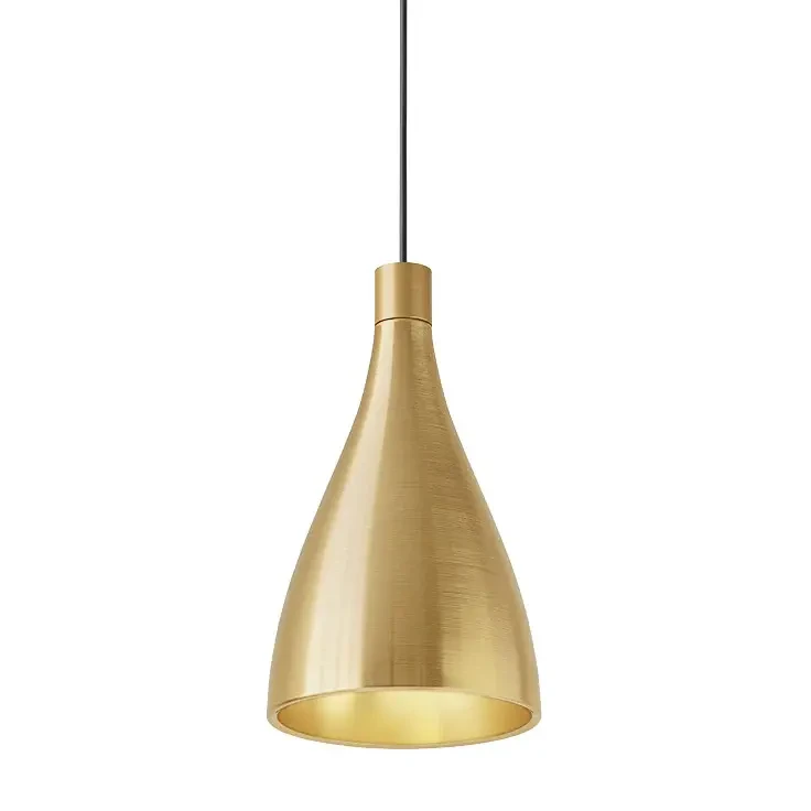 BRASS || 8 IN - Pablo Swell Pendant light, modern style, brass interior and exterior, brushed metal, teardrop shape, front view.