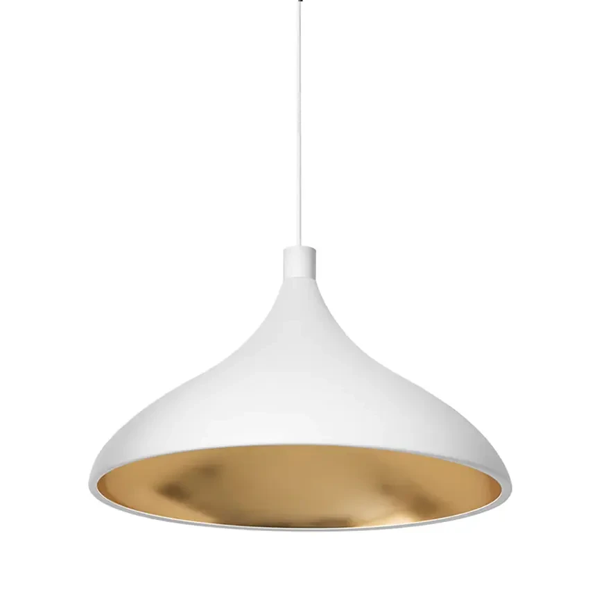 WHITE || 24 IN - Pablo Swell Xl Pendant, modern matte white exterior with brass interior, LED lighting, front view.