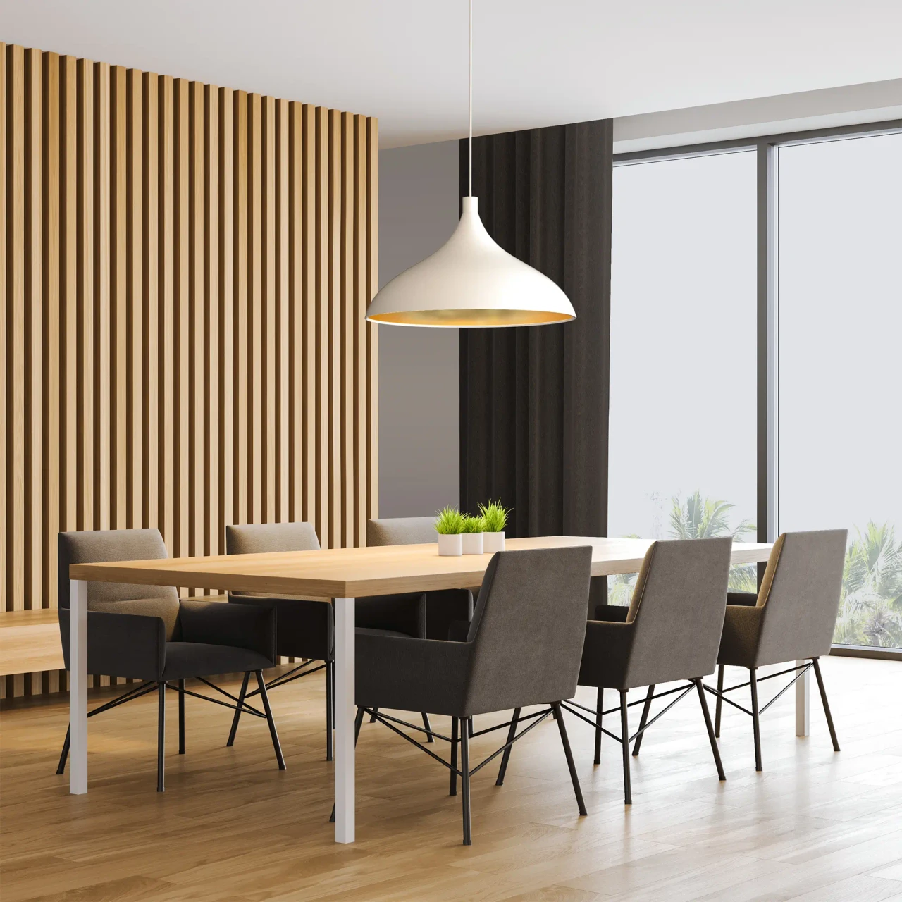 WHITE || 24 IN - Pablo Swell Xl Pendant, matte white exterior, brass interior, modern style, dining room setting, eye-level view.