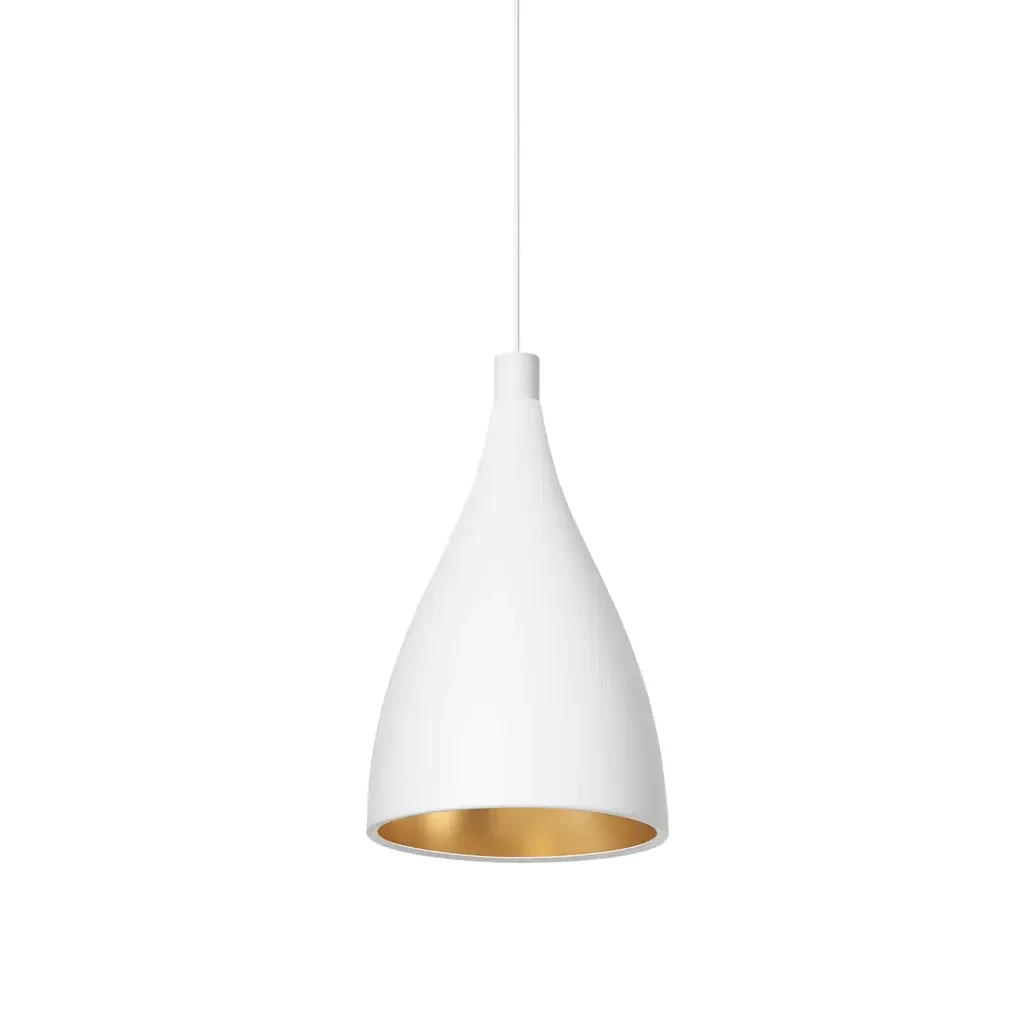 WHITE || 12 IN - Pablo Swell Xl Pendant, modern matte white exterior with brass interior, teardrop shape, front view.