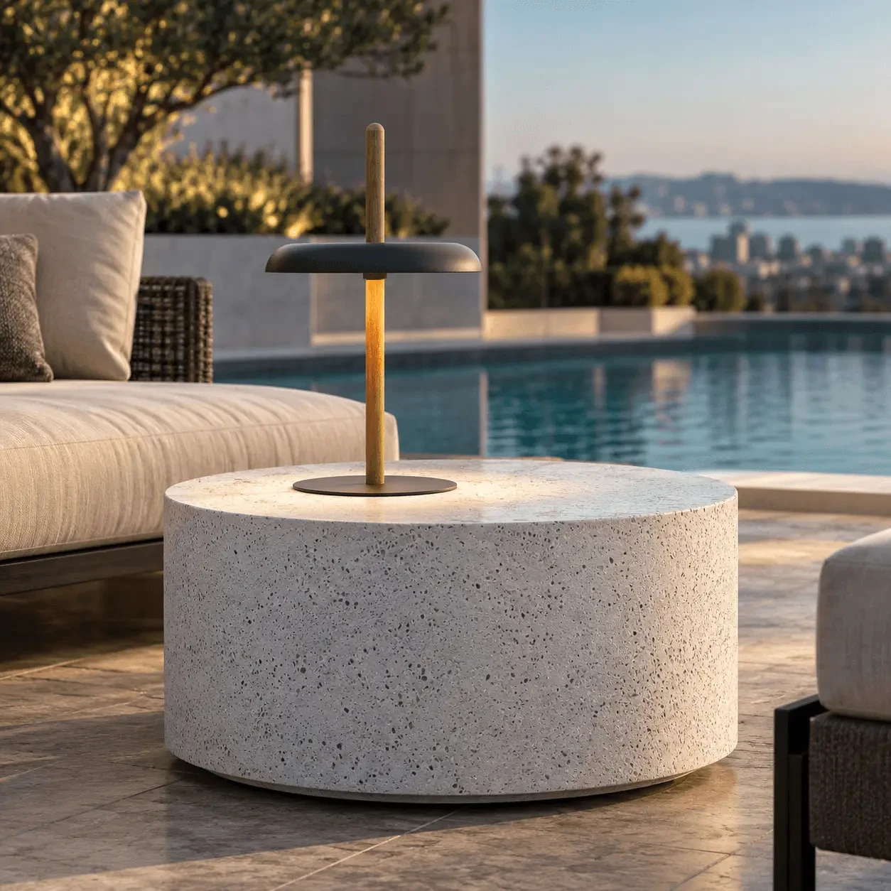 WALNUT/BLACK - Pablo Nivel Table Lamp, Walnut Post, Black Shade and Base, modern LED, eye-level view in outdoor poolside lounge setting.