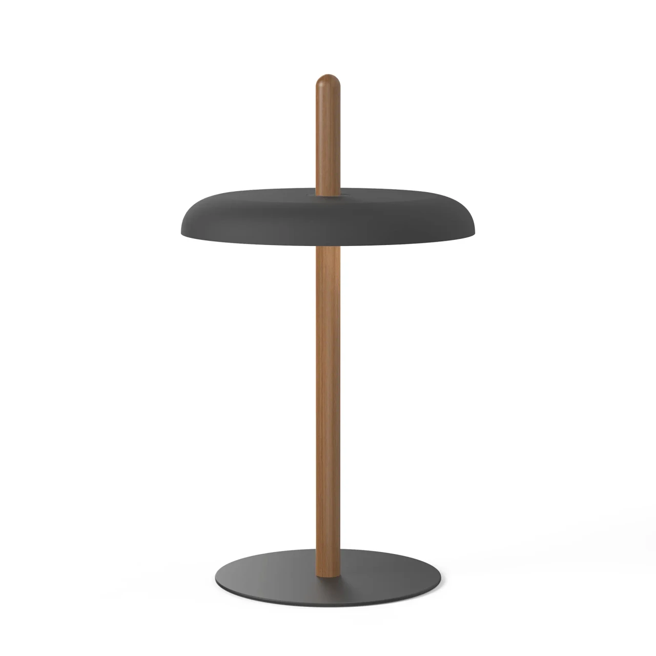 WALNUT/BLACK - Pablo Nivel Table Lamp, modern style, walnut post with black shade and base, front view.