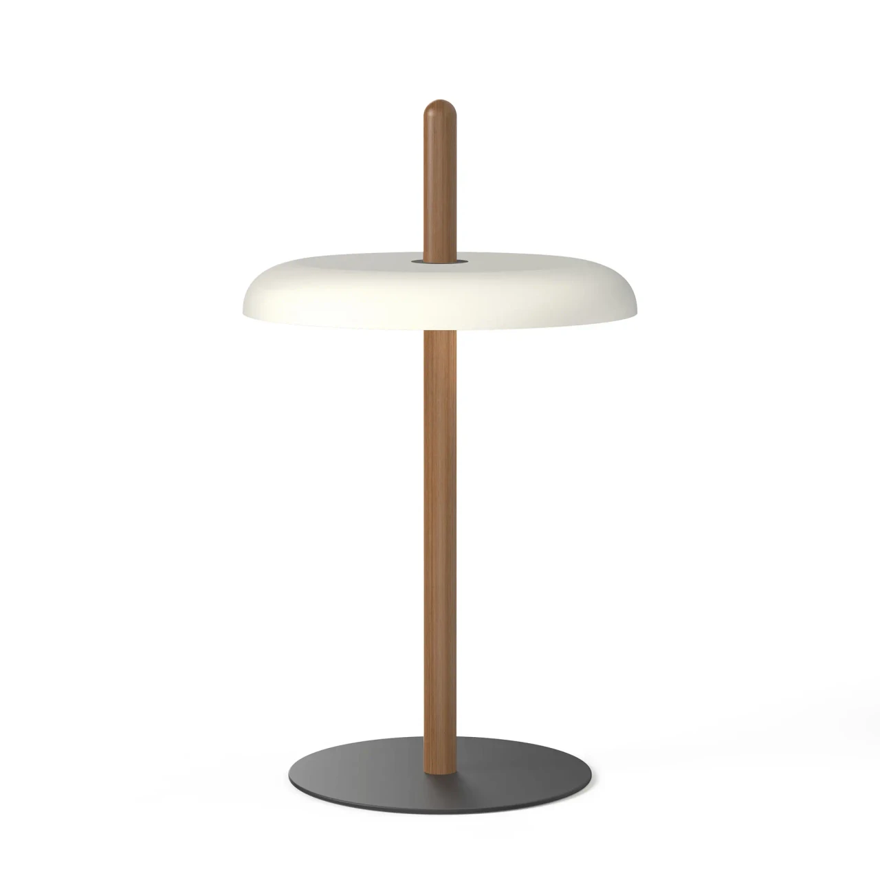 WALNUT/WHITE - Pablo Nivel Table Lamp, modern style, walnut post, white shade, black base, 7W LED dimmable, full front view.