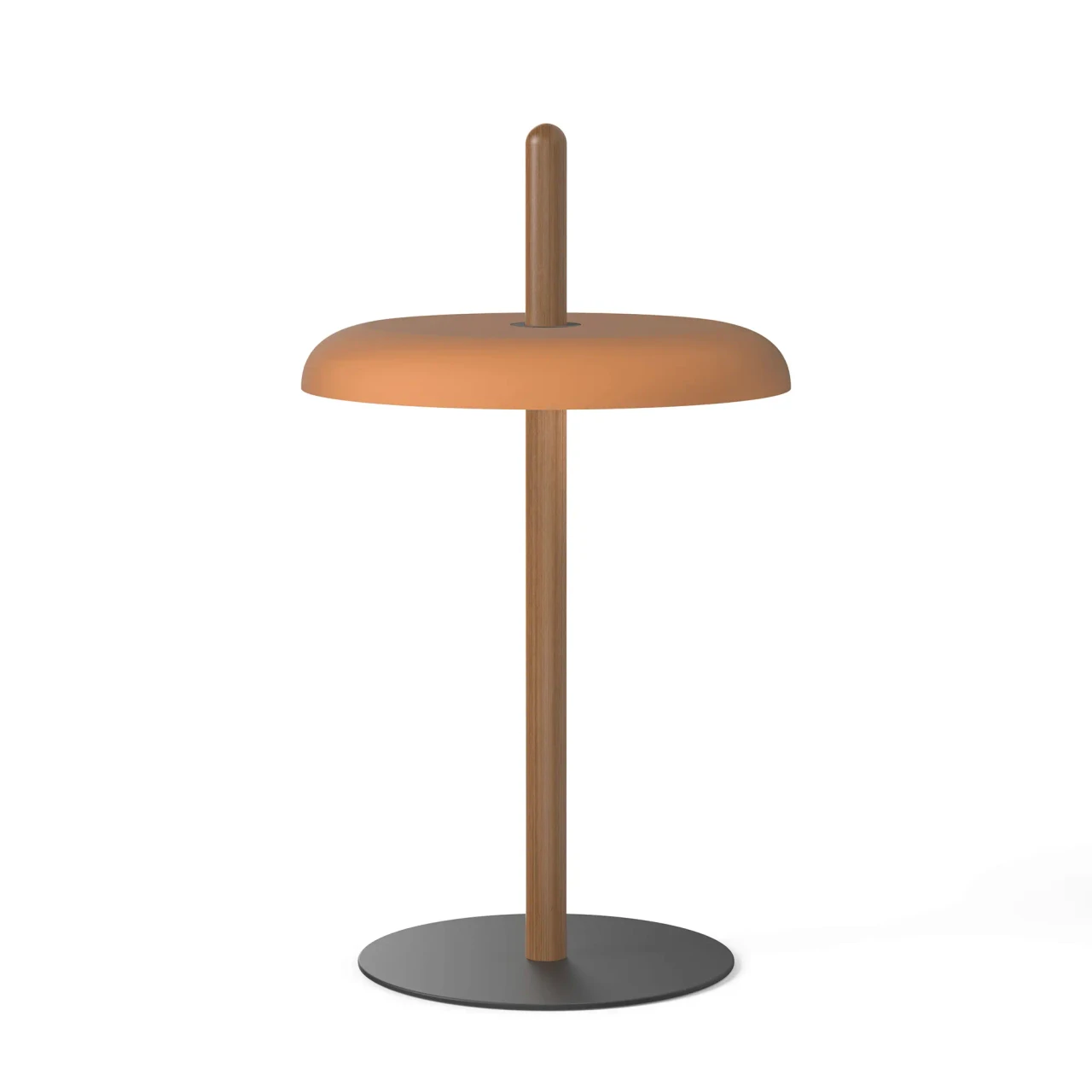 WALNUT/TERRACOTTA - Pablo Nivel Table Lamp in Walnut Post, Terracotta Shade and Black Base, minimalist style, front view.