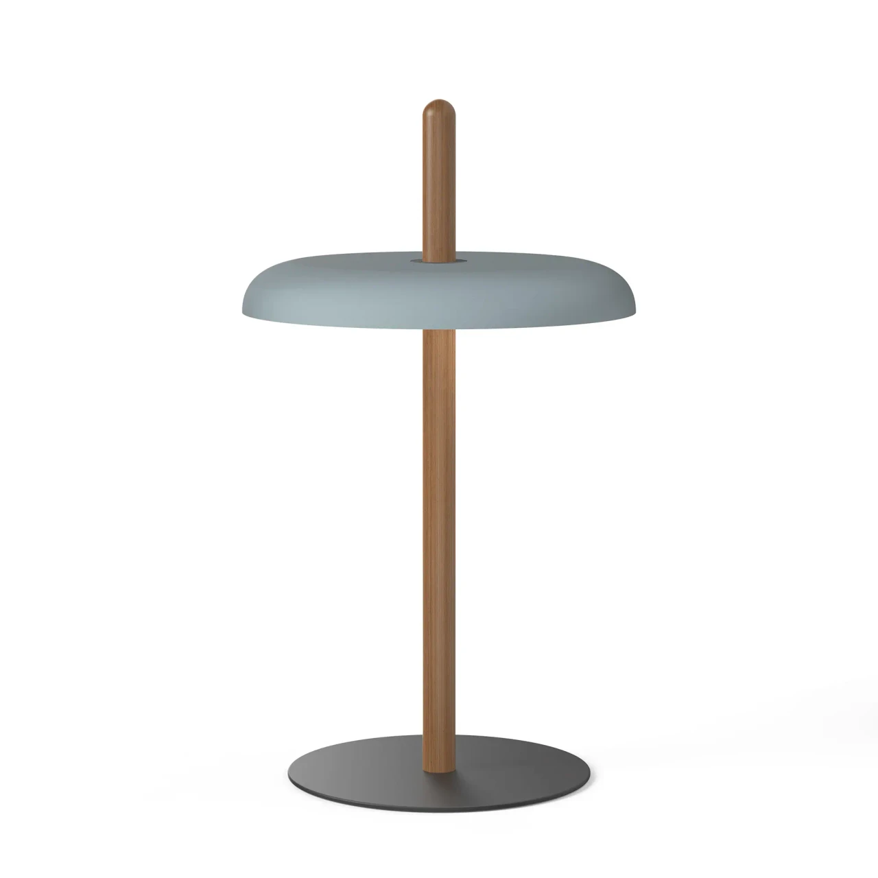 WALNUT/SLATE - Pablo Nivel Table Lamp, modern style, slate blue shade, walnut post, black base, front view.