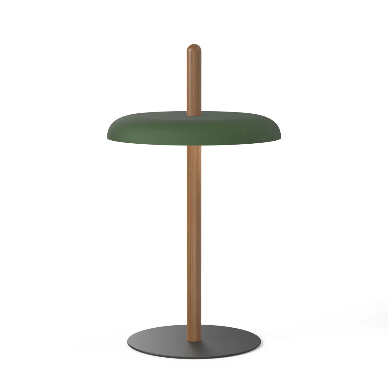 WALNUT/GREEN - Pablo Nivel Table Lamp, mid-century modern, forest green shade, walnut post, black base, front view.