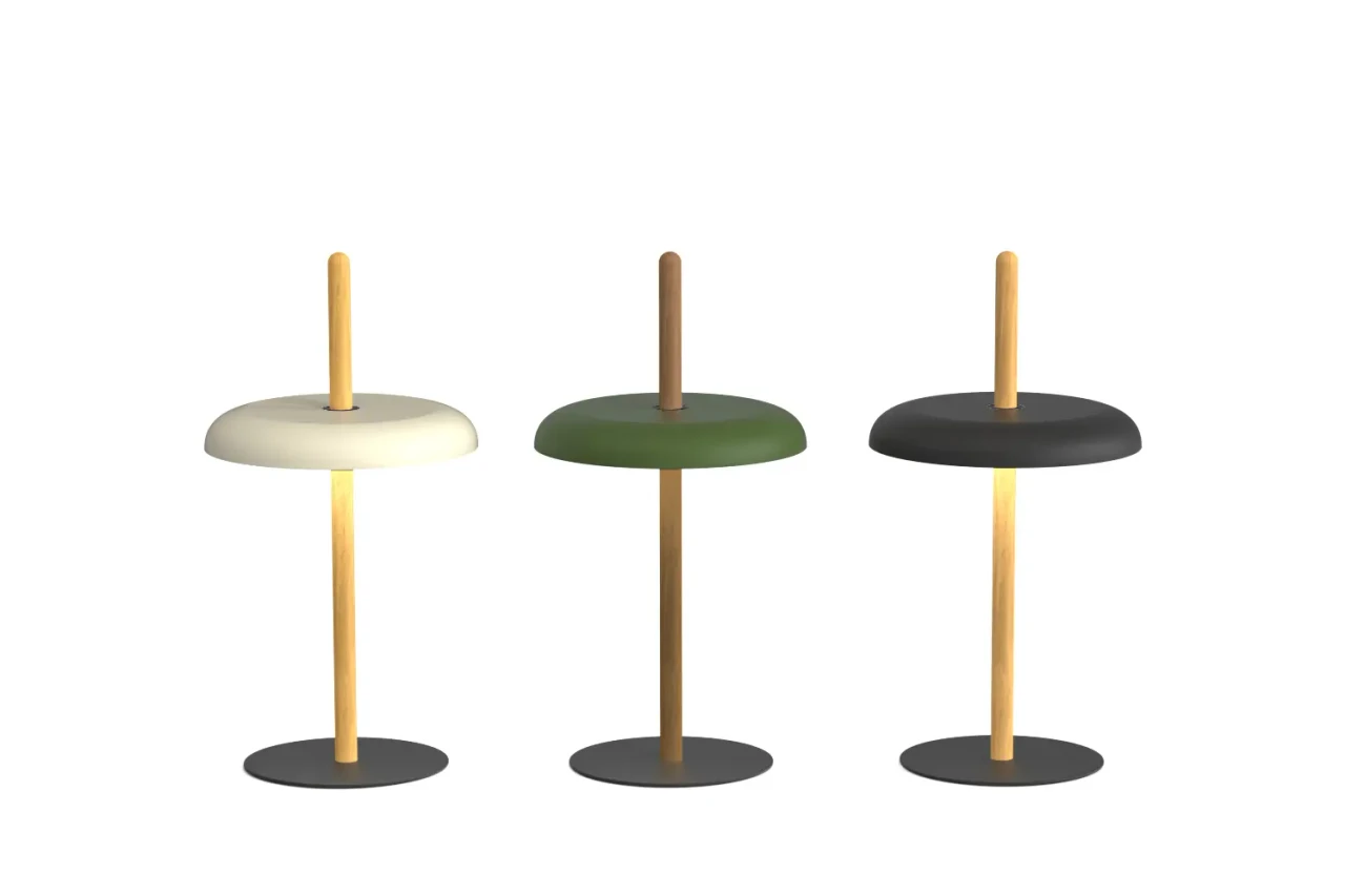 WALNUT/GREEN - Pablo Nivel Table Lamp in white, forest green, and black shades with walnut posts and black bases, front view.