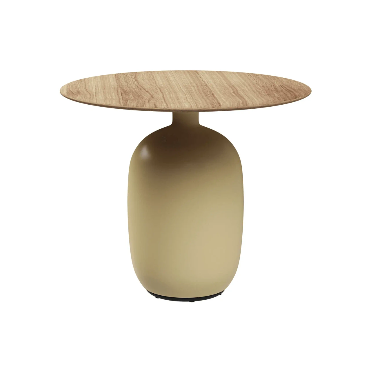 SAND - Gloster Kasha Round Dining Table, 35.5 in, natural teak top and sand ceramic base, modern style, front view.