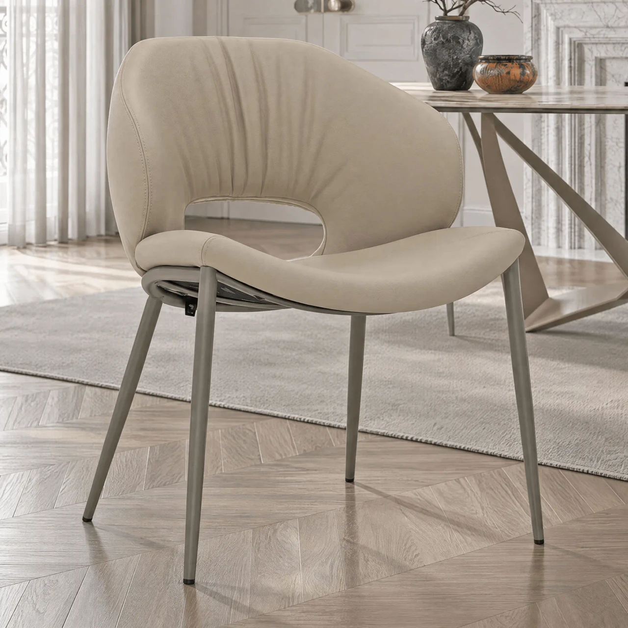 CASHMERE - Cattelan Miranda Ml Side Chair in Cashmere Soft Leather 969 with Titanium Embossed Steel Legs, 3/4 view in dining room.