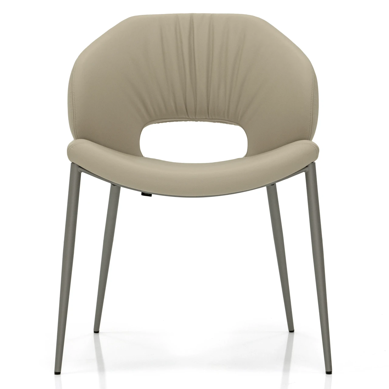 CASHMERE - Front view of a modern beige faux leather accent chair with a curved cutout back and slim grey metal legs.