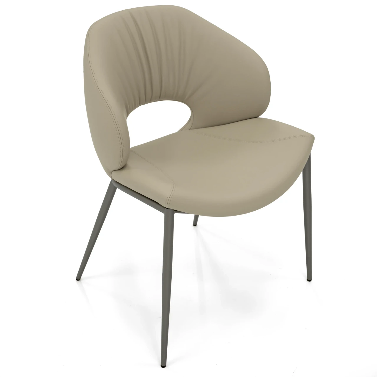 CASHMERE - Modern beige faux leather dining chair with curved backrest and grey metal legs, three-quarter front view.