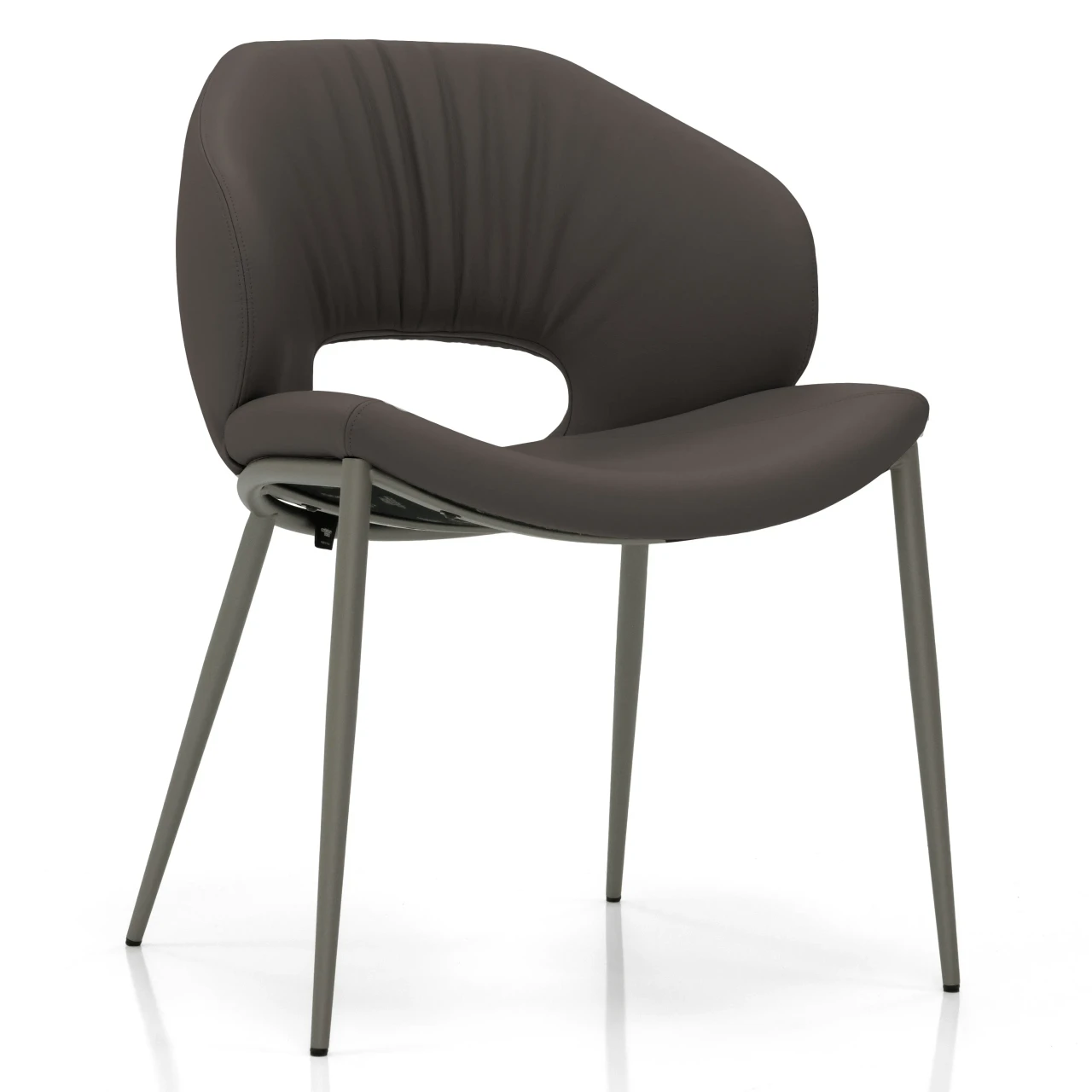 ARDESIA - Modern grey faux leather accent chair with curved cutout back and slim metal legs, three-quarter front view.