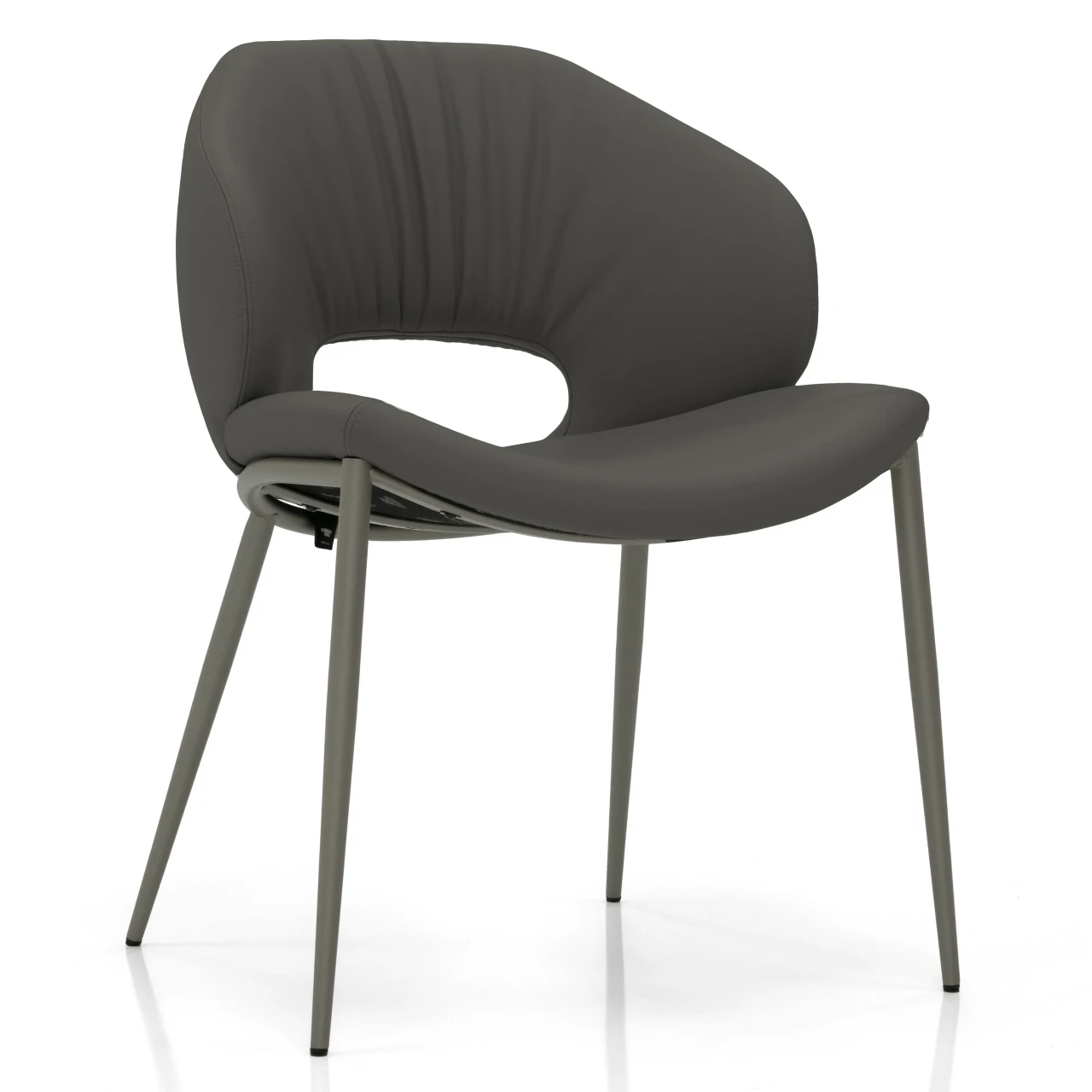 SMOKE - Grey leather modern accent chair with curved cutout back and slim metal legs, three-quarter front view.