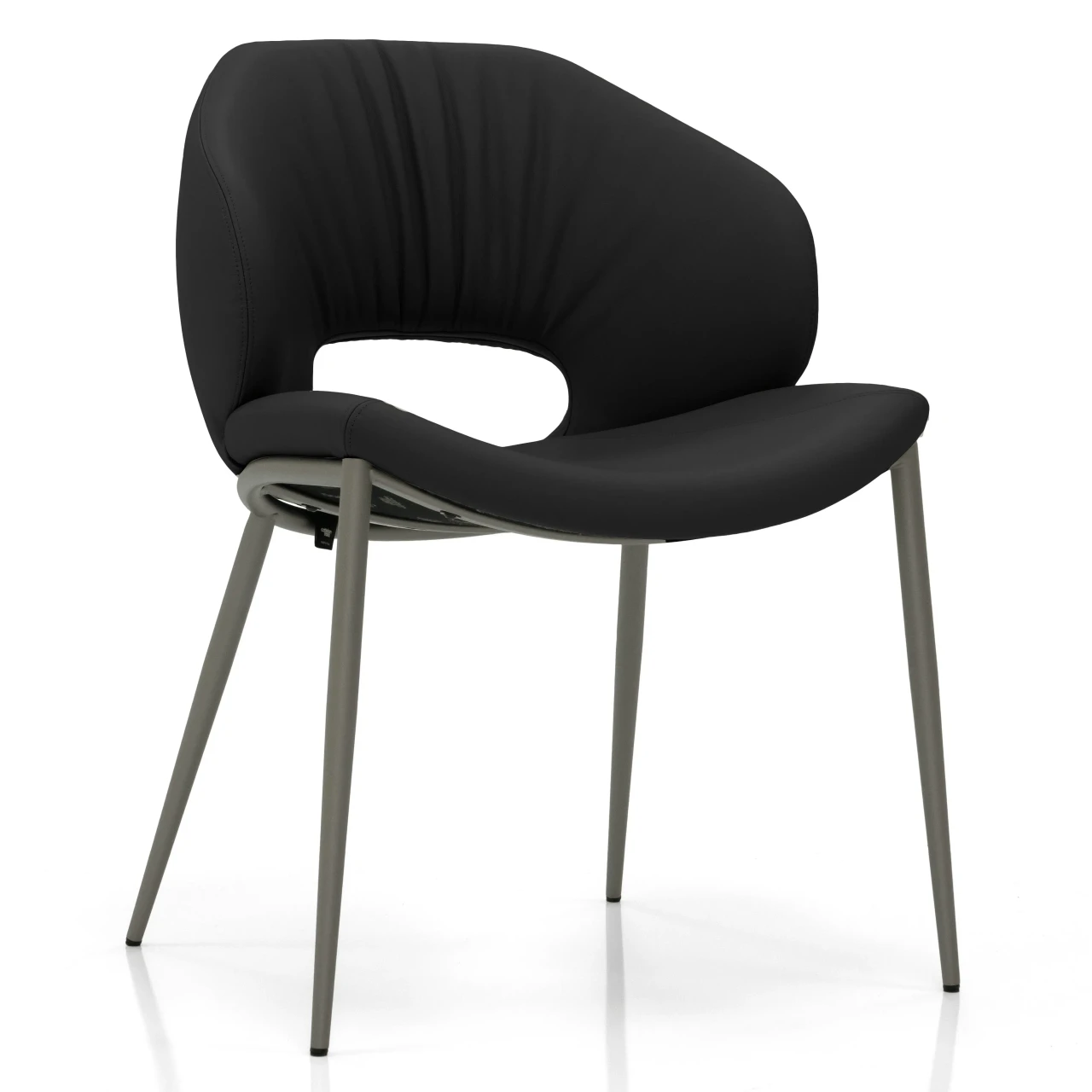 NERO - Modern black leather accent chair with curved back and grey metal legs, three-quarter front view.