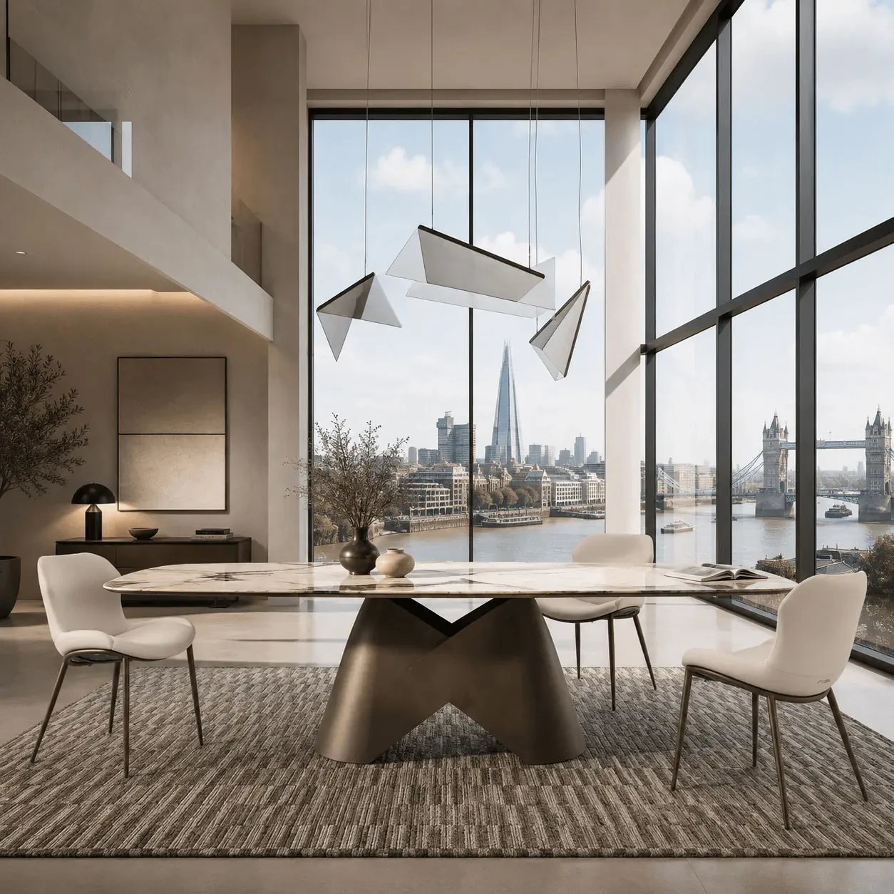 CANOVA - Cattelan Rachel Ml Side Chair in Canova Soft Leather with Bronze Embossed Steel Legs in a modern dining room, side view.
