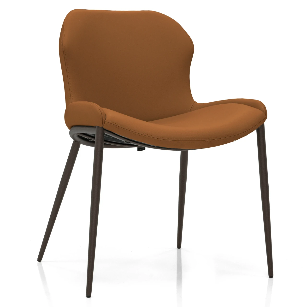 COGNAC - Cattelan Rachel Ml Side Chair in cognac soft leather with bronze embossed steel legs, three-quarter view.