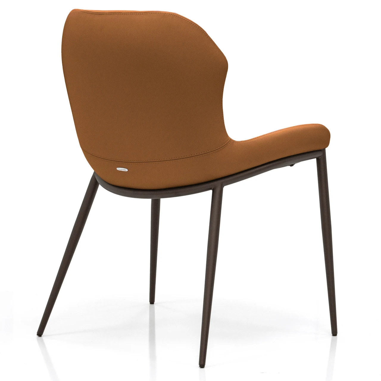 COGNAC - Cattelan Rachel Ml Side Chair in cognac soft leather with bronze embossed steel legs, rear three-quarter view