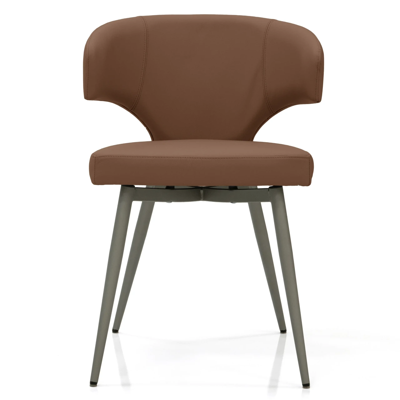 HAZELNUT - Brown faux leather modern dining chair with grey metal legs, front view.