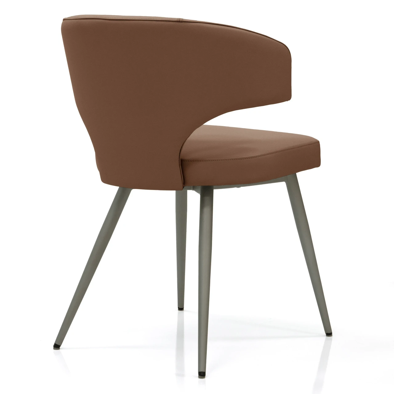 HAZELNUT - Modern brown faux leather dining chair with grey metal legs, curved open back, viewed from a rear three-quarter angle.