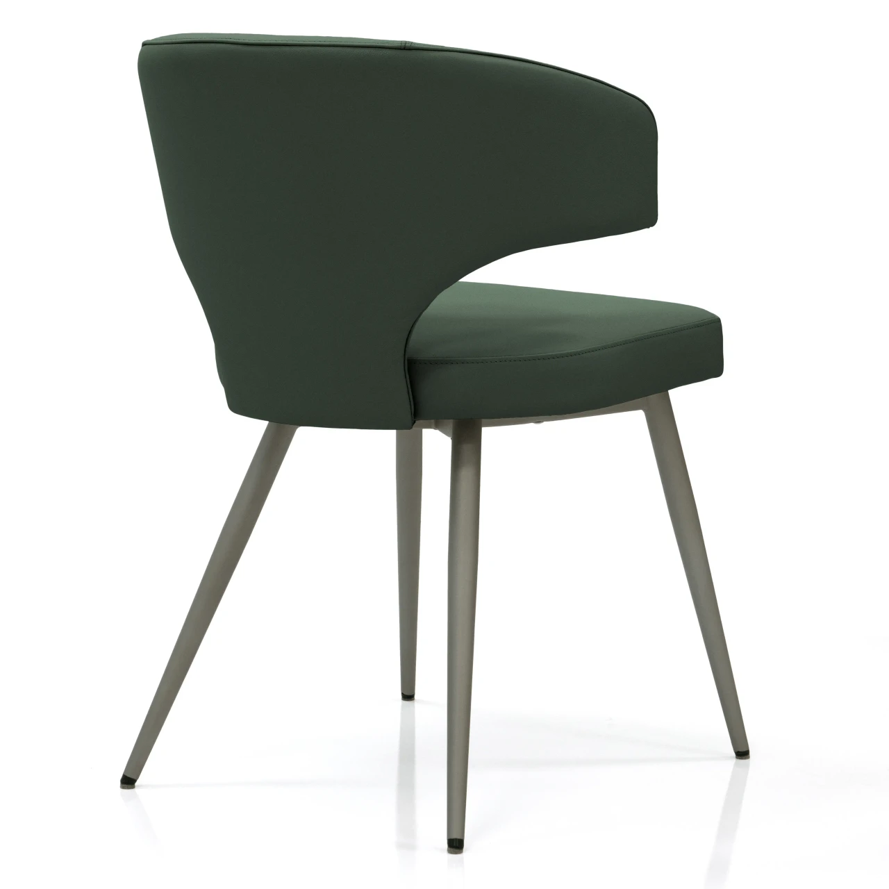 DARK GREEN - Modern dining chair in dark green faux leather with tapered grey metal legs, rear three-quarter view.