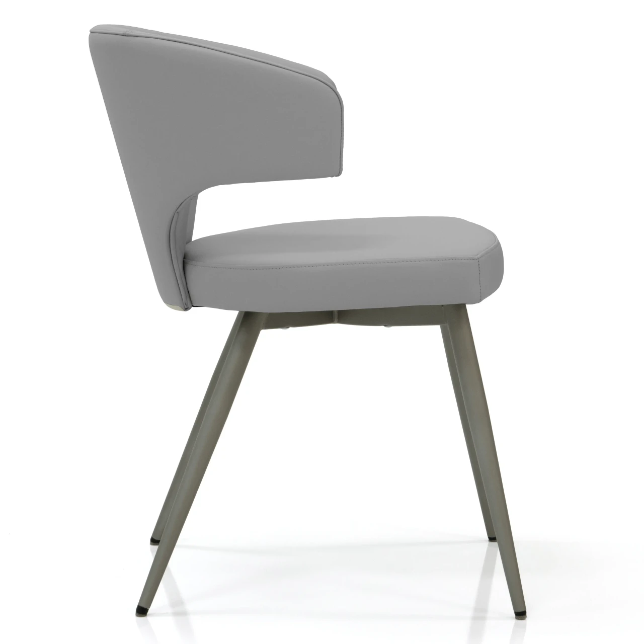 WINTER GREY - Grey modern dining chair with faux leather upholstery and tapered metal legs, side profile view.
