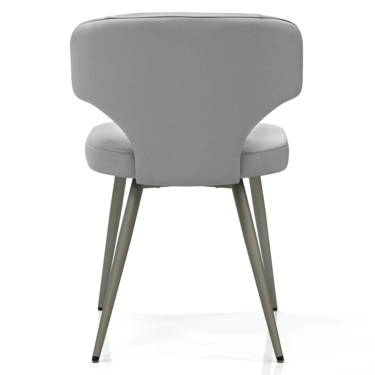 WINTER GREY - Rear view of a modern grey faux leather dining chair with tapered metal legs.