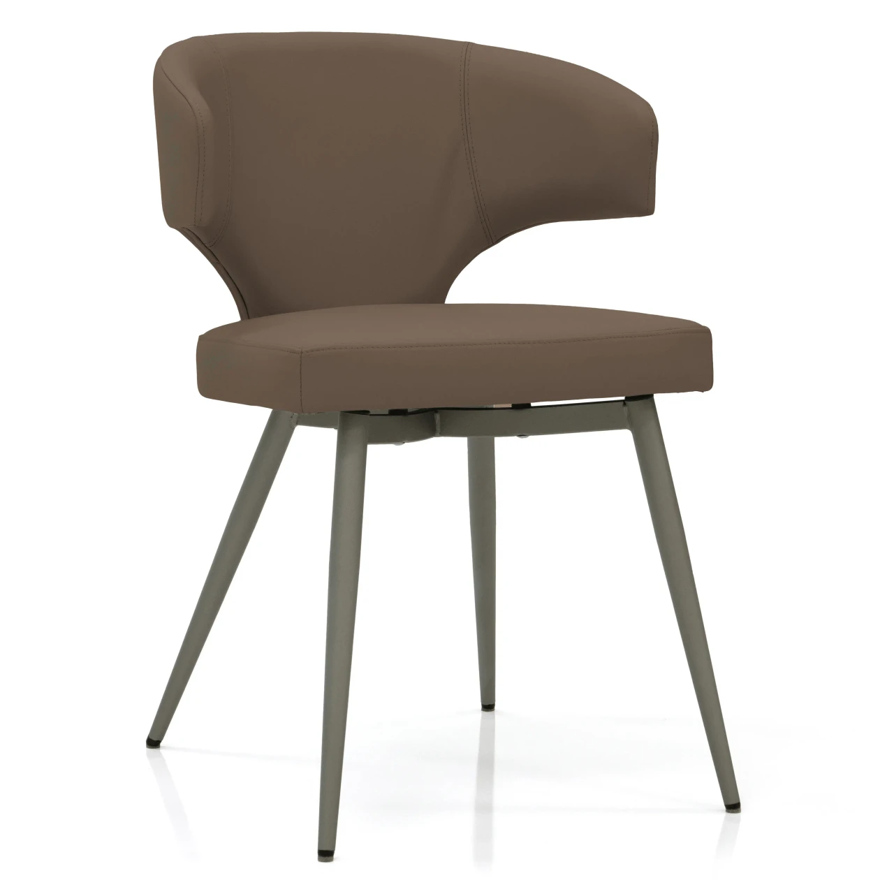 TAUPE - Modern brown faux leather dining chair with curved back and grey metal legs, three-quarter side view.