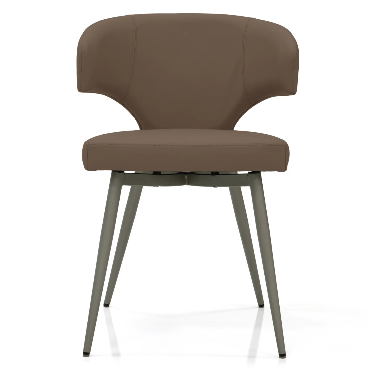 TAUPE - Brown faux leather modern dining chair with grey metal legs, front view.