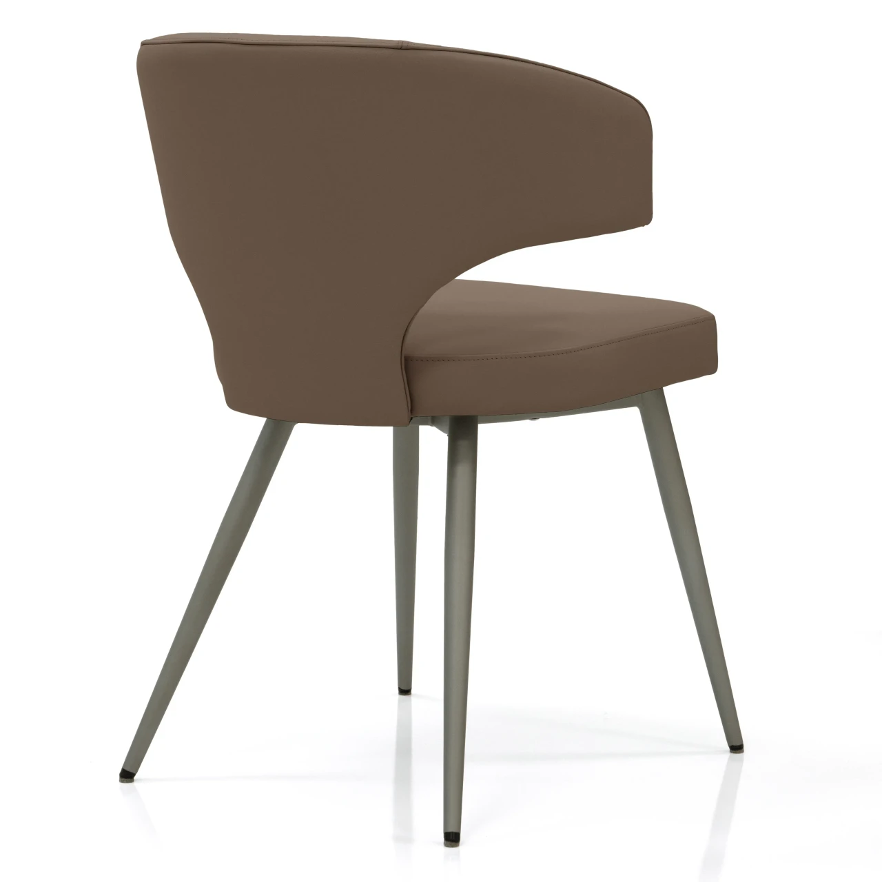TAUPE - Modern brown faux leather dining chair with curved backrest and grey metal legs, three-quarter rear view.