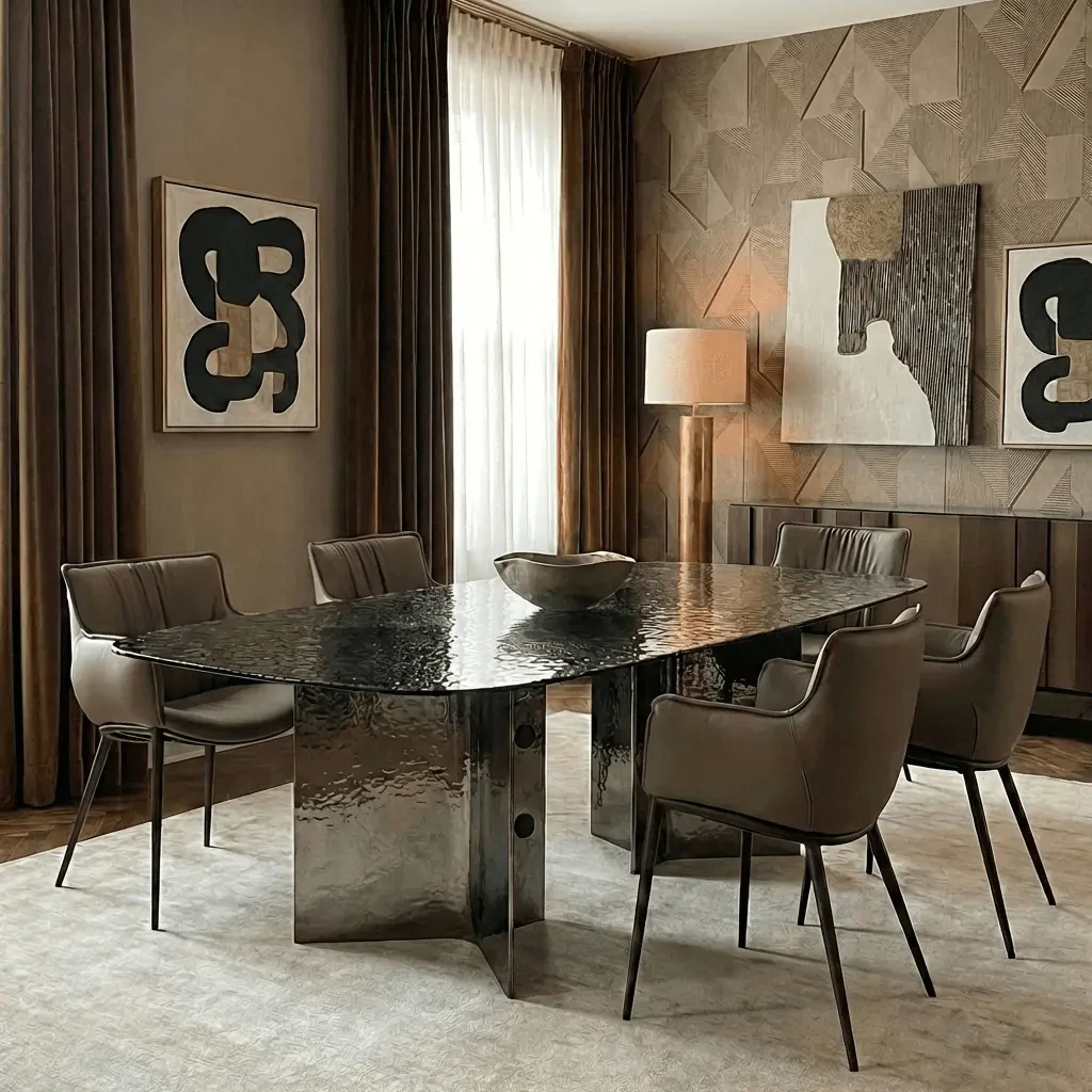 96.5 IN - Modern oval dining table in hammered dark metal with six grey leather chairs, wide angle view in a luxury dining room.