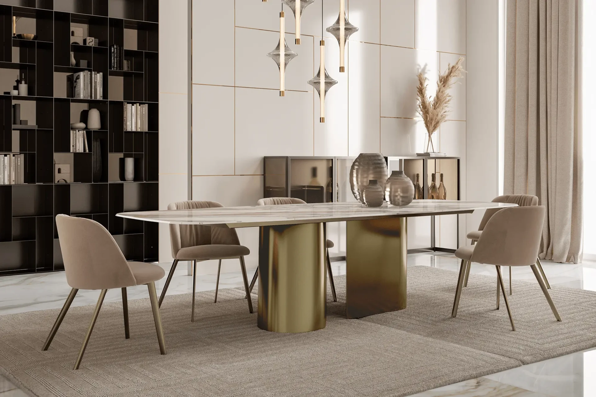 98.5 IN - Bontempi Casa Kimono Dining Table with Breccia Rosa Art Glass Top and Aged Brass Base in modern dining room, front view.